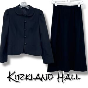 Vintage Kirkland Hall Black Wool Skirt Suit Set Cropped Jacket Womens Size 6